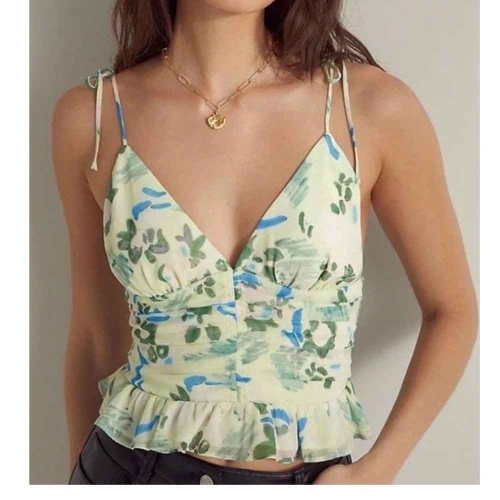Wilfred Floral Ruched Tie-Strap Peplum Camisole Top Smocked Babydoll Dainty Sz 4